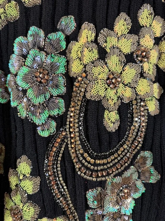 Zara Limited Edition Sequin Sweater Size S Black Ribbed Knit Beaded Floral - Picture 6 of 13